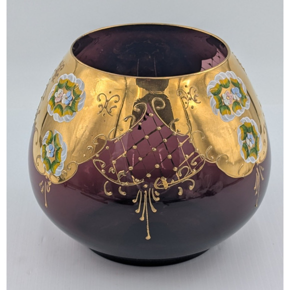 Large Bohemian Glass Bowl Purple Amethyst Gold Gilt Enameled Applied Flowers 7" - Picture 2 of 13